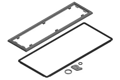 BOSCH Dichtungs-Set mit mehreren Komponenten, einschließlich einer Kunststoffabdeckung, Dichtungen und einer metallischen Halterung.
